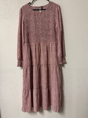 Zattcas Long Sleeve Pink Printed Tiered Midi Dress XL